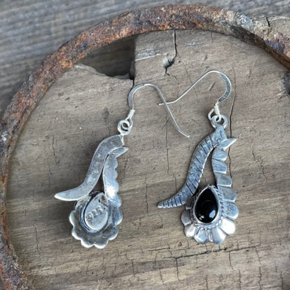 Vintage Old Pawn Native American Sterling Silver Onyx Dangle Drop Earrings - Picture 8 of 12